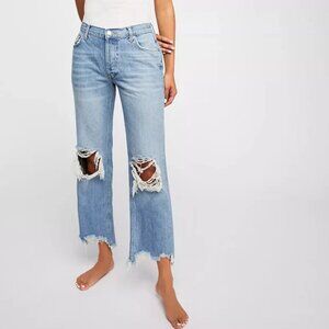 Free People Light Wash Maggie Mid Rise Straight Leg Distressed Raw Hem Jeans 29
